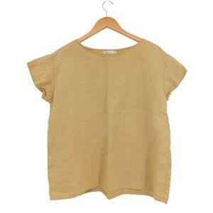 MagicLinen Women Honey Yellow 100% Linen Short Sleeve Boxy Top Size Medium